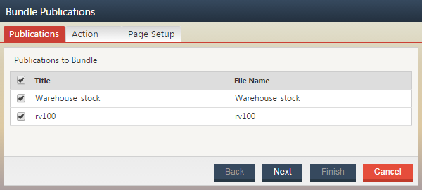 Screenshot of the Publications tab within the Bundle Publications wizard.